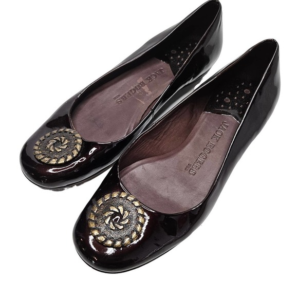 Jack Rogers Patent Leather Emblem Flats 7 Dark Brown Medallion - Picture 1 of 9